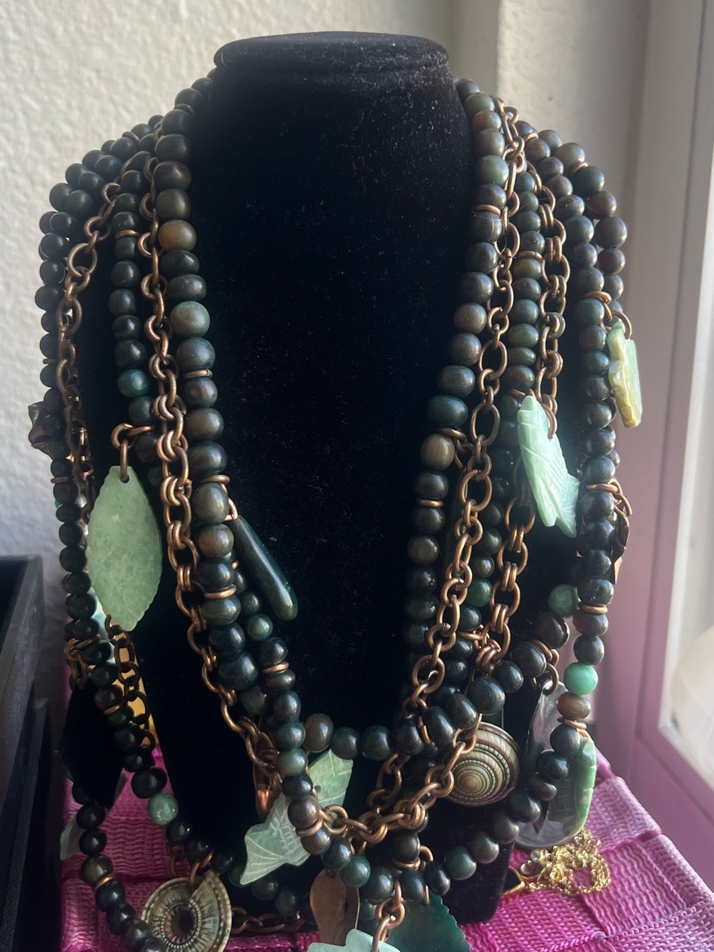 Monies Green Bead Multi-Strand Necklace with Carved Charms